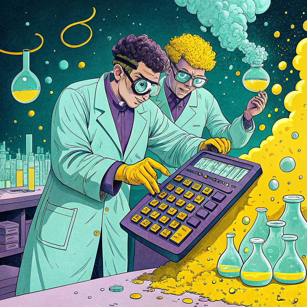 Illustration of two scientists in a lab analyzing data on a large calculator amidst colorful chemical reactions