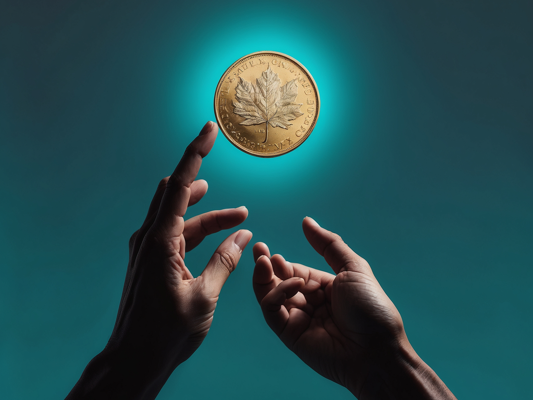 Hands reaching towards a floating golden coin with a maple leaf, set against a teal background