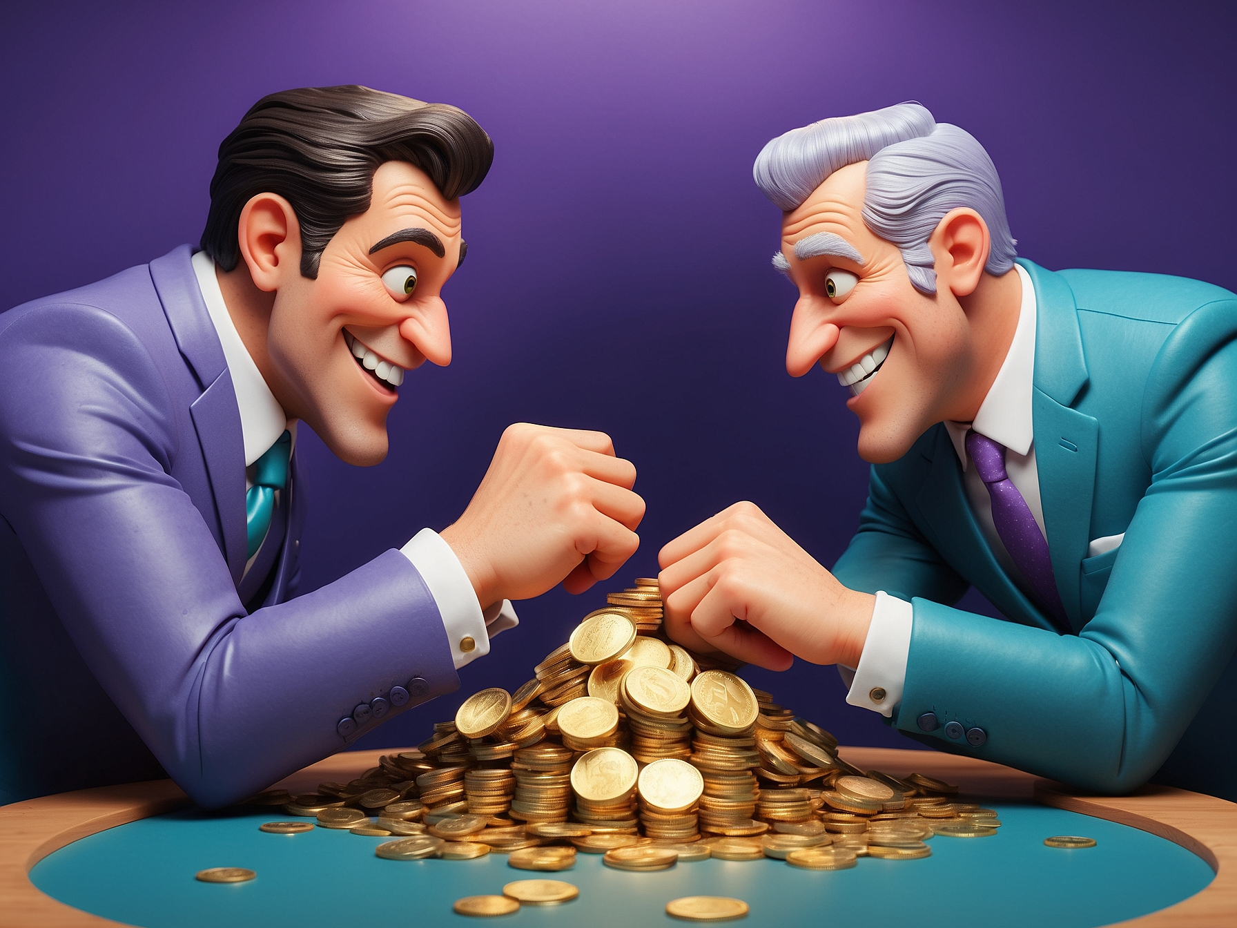 Two animated businessmen joyfully competing in an arm wrestling match over a pile of gold coins under a lamp