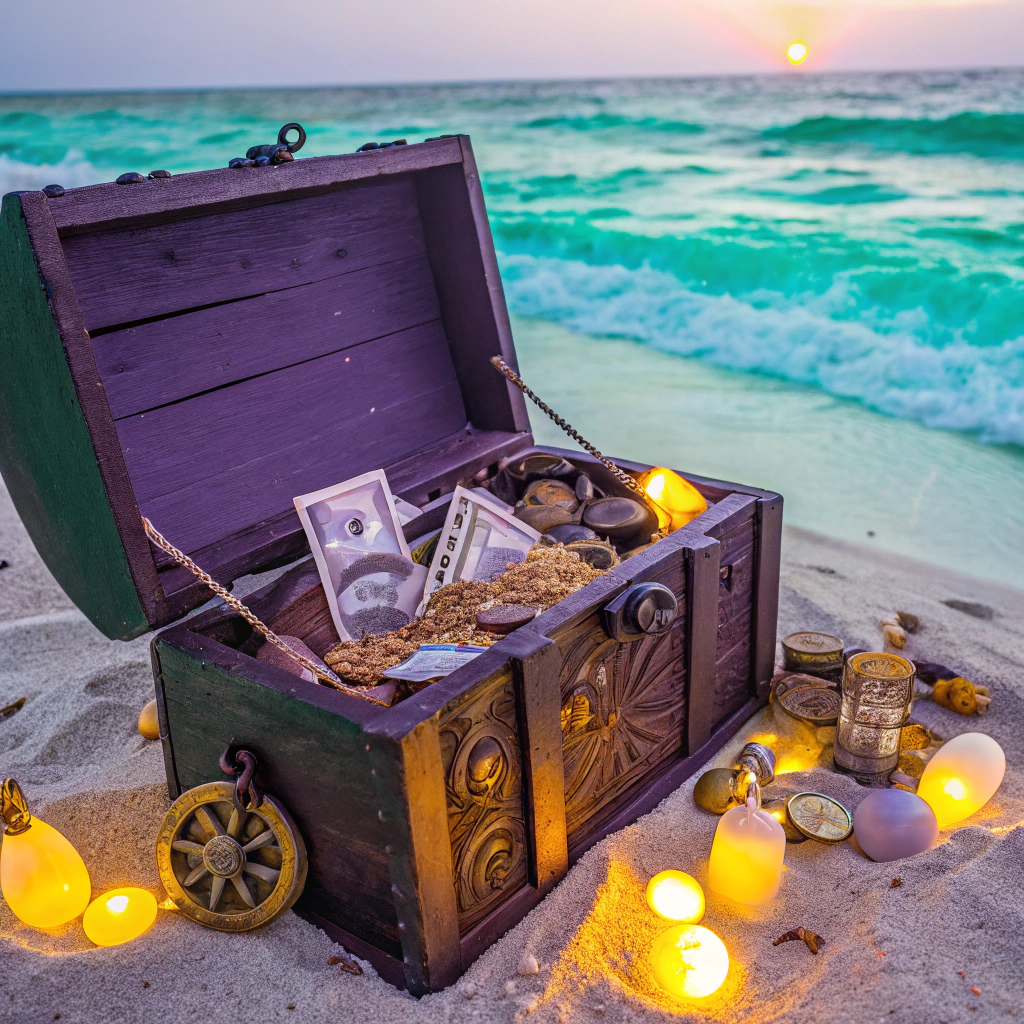 Old treasure chest filled with coins, cash, and jewelry on a sandy beach at sunset