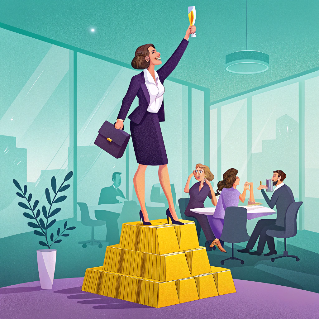 Illustration of a businesswoman standing on a pyramid of gold bars, raising a glass in triumph in a corporate setting