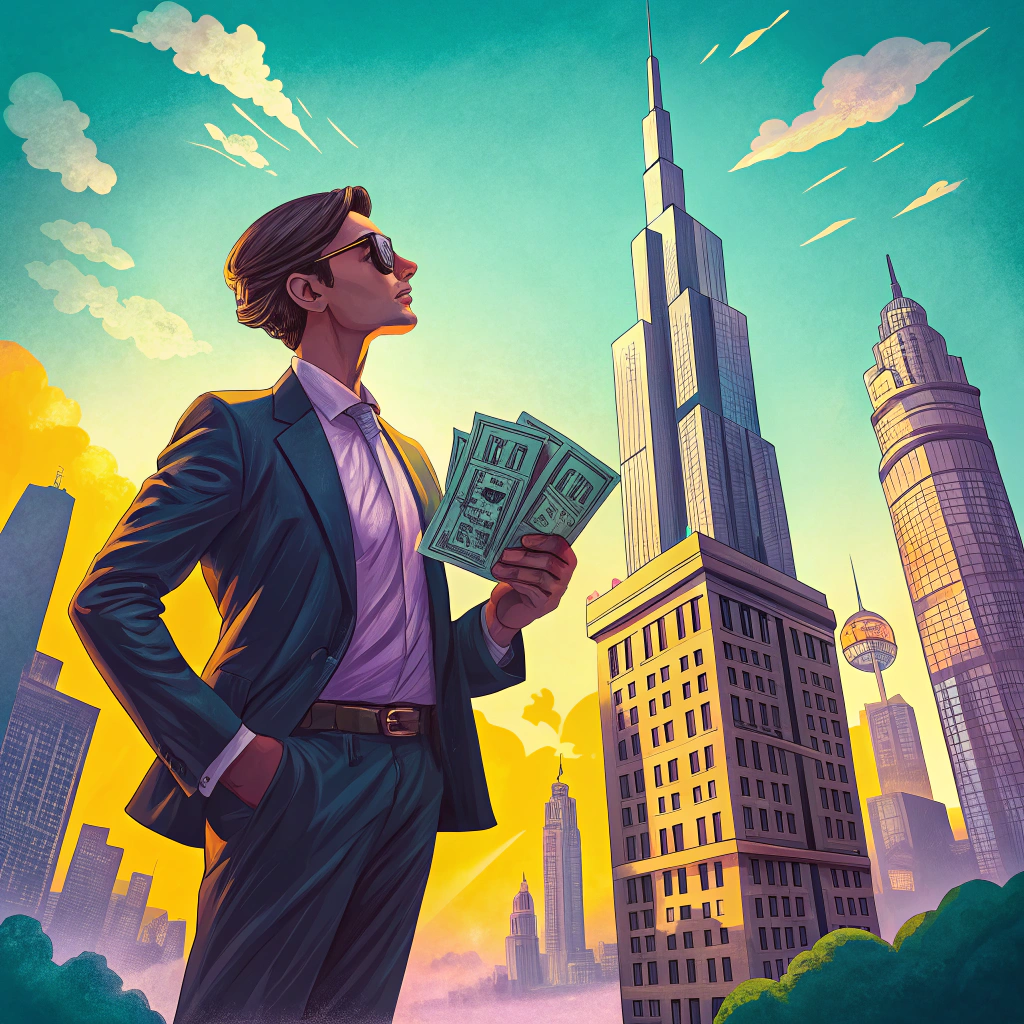 Stylish man holding money with skyscrapers in the background illustrating financial success