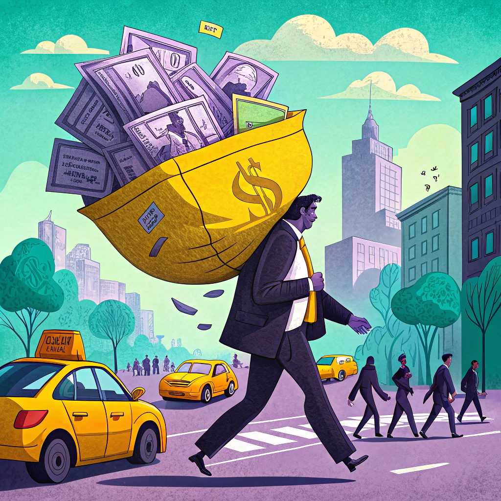 Illustration of a man walking in a city with a giant golden egg filled with money on his back