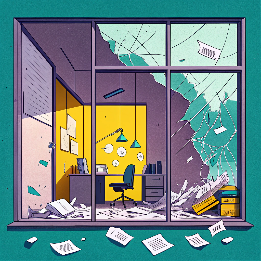 Illustration of a chaotic office with broken windows and scattered papers