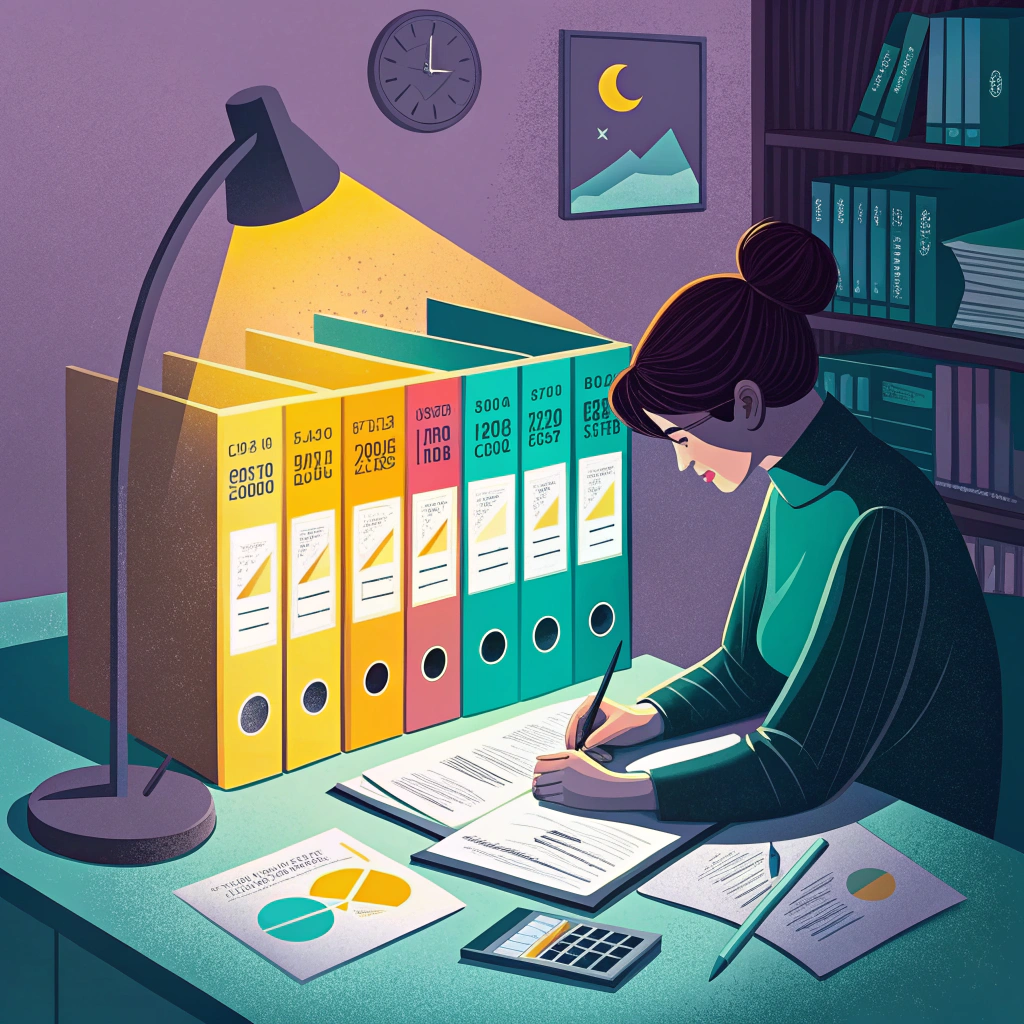 Illustration of a woman analyzing financial documents late at night with labeled file folders and graphs on her desk, under a desk lamp