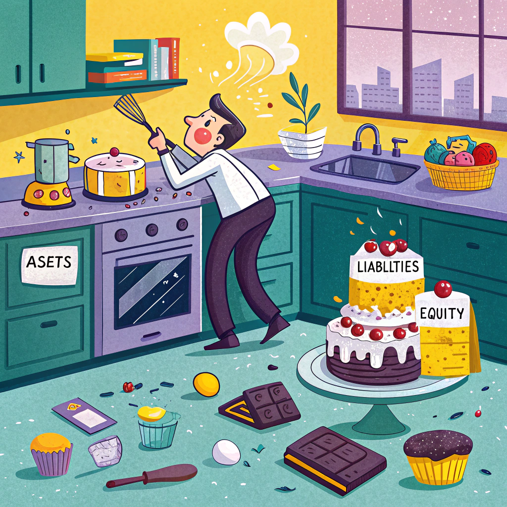 Illustration of a man in a kitchen juggling baking ingredients with cakes labeled Assets, Liabilities, and Equity