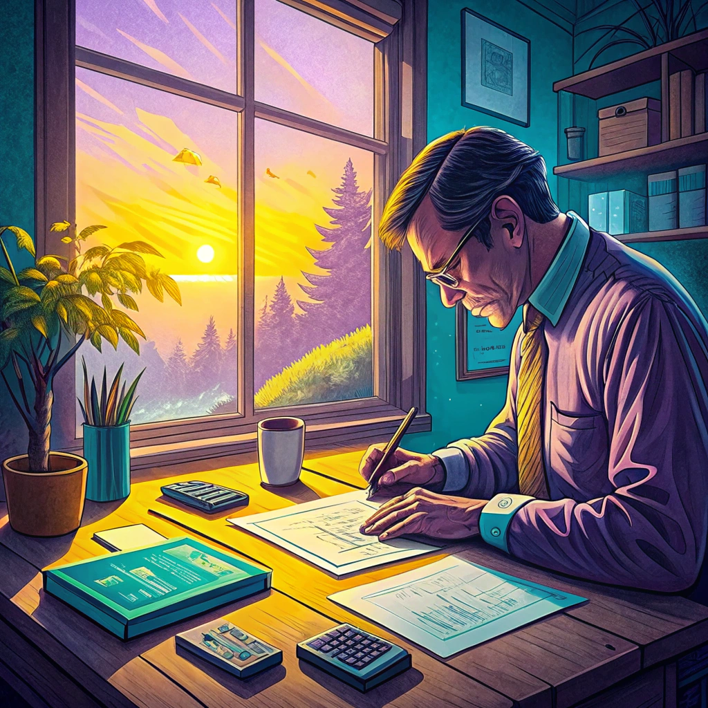 Illustration of a man making adjusting entries in accounting books at a sunset-lit office