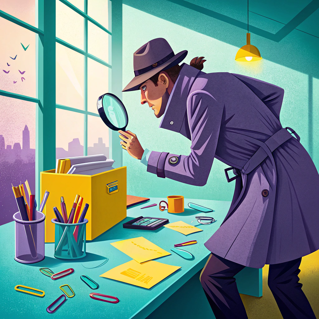 Illustration of a detective examining documents with a magnifying glass