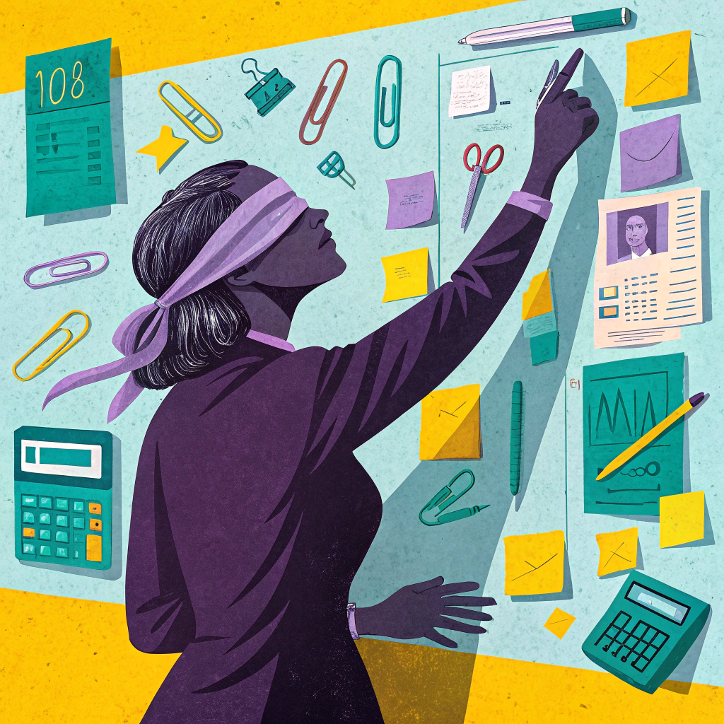 Illustration of a woman with a blindfold navigating an array of office supplies and documents