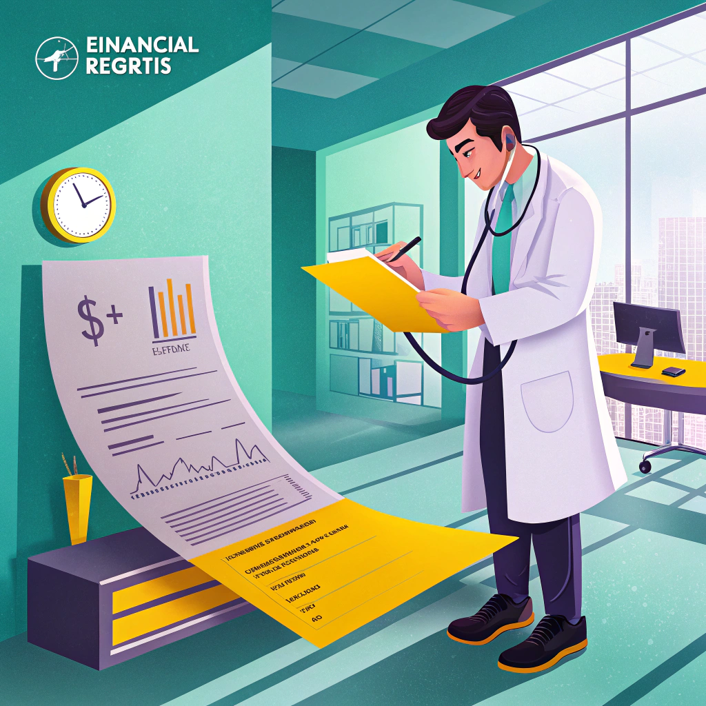 Illustration of a professional in a white coat examining large financial documents with graphs and text, in an office setting