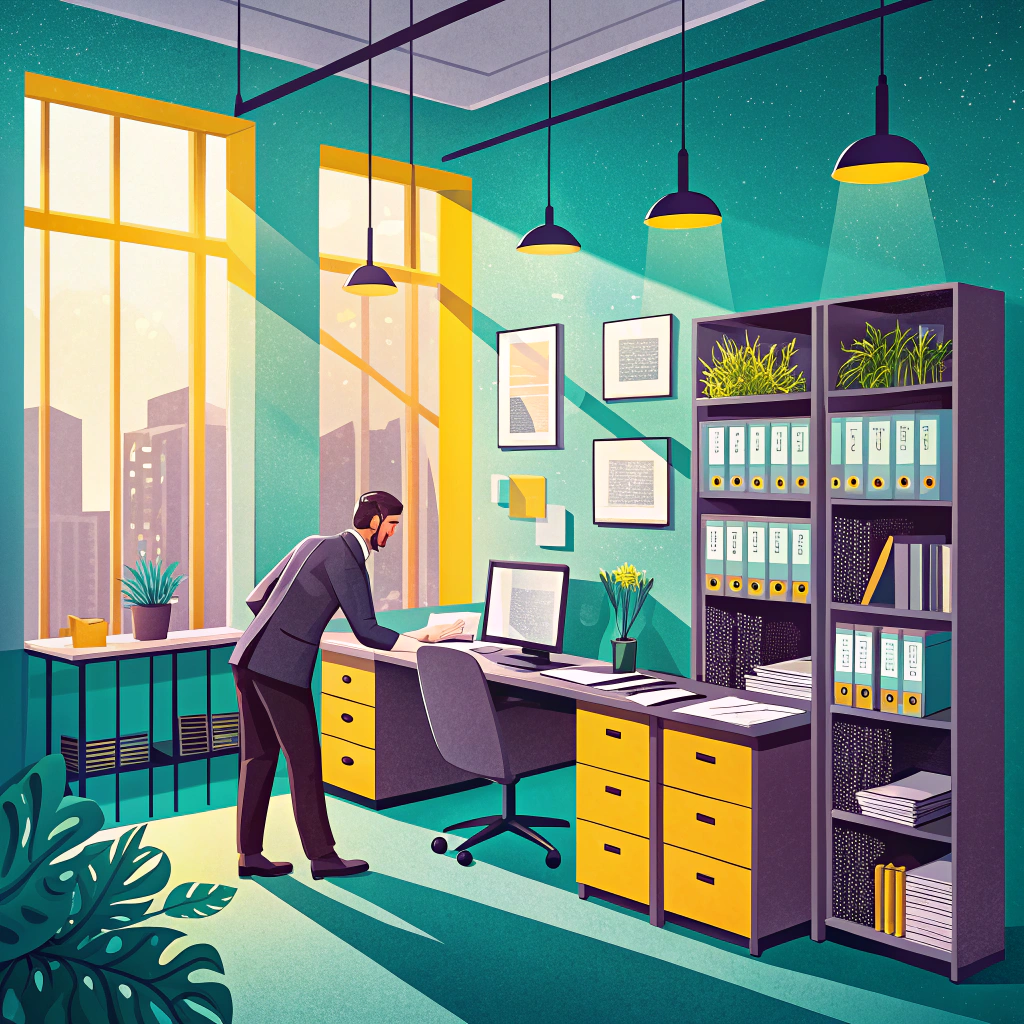 Illustrated professional man adjusting records in a modern, brightly lit office