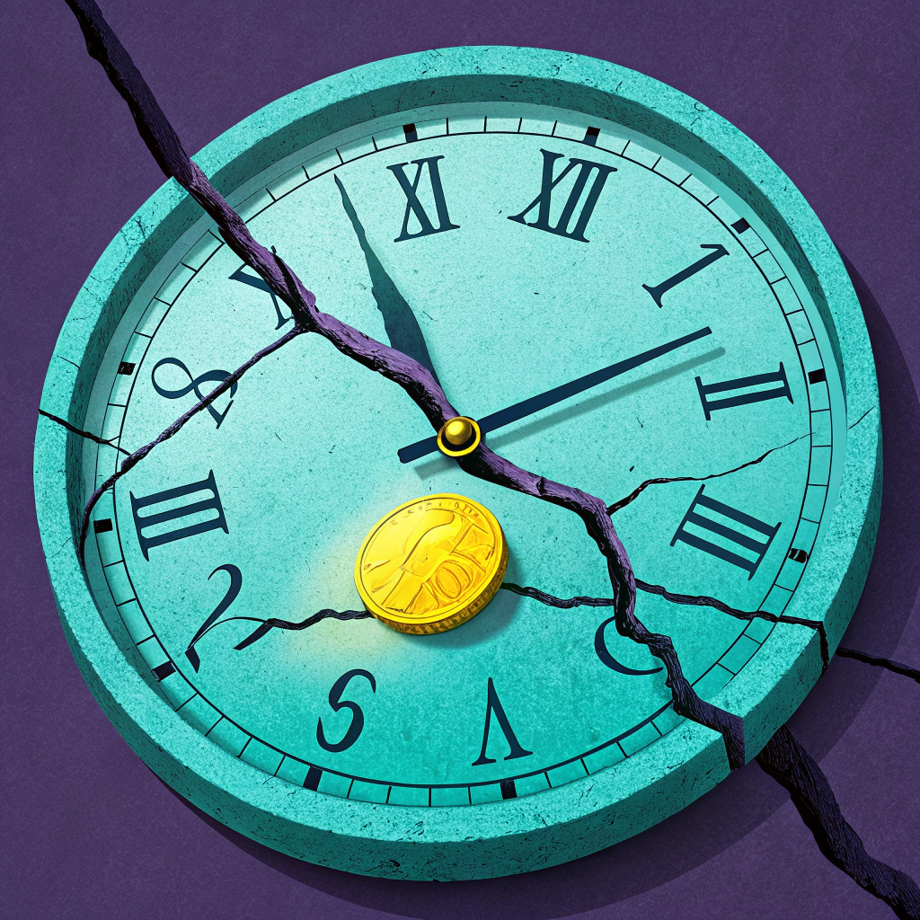 A broken turquoise clock with a gold coin wedged at the number six, signifying financial time management.