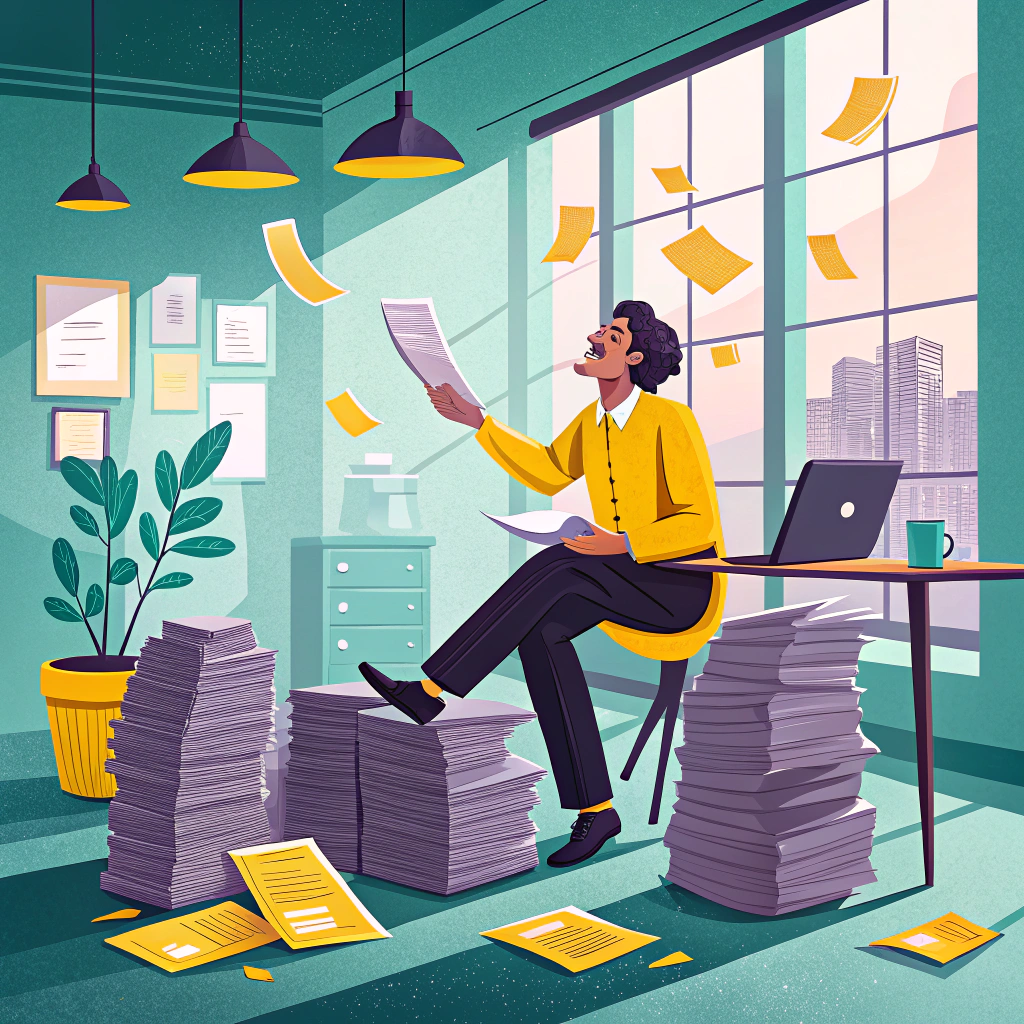 Illustration of a professional managing a large volume of paperwork with paperwork flying around in a bright, organized office.