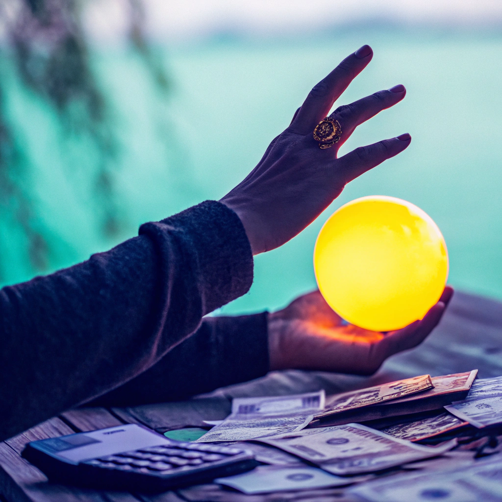 A person holding a glowing orb above financial documents