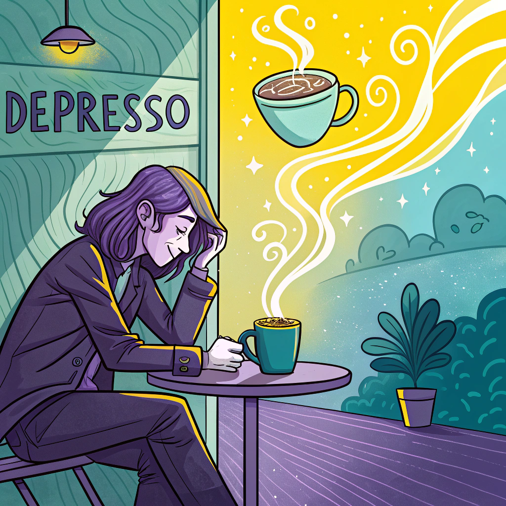 Illustrated image of a person sitting at a table with a cup of coffee, appearing thoughtful or stressed with swirling, magical coffee aroma transforming the scene into a colorful, dreamy landscape