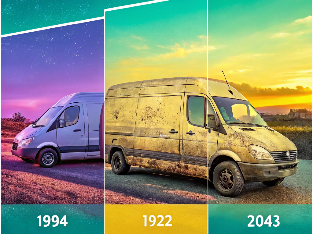 Tri-panel image showing the aging process of delivery vans from 1994, 1922, and 2043, each in different states of wear and depicted in vibrant, differing backdrops.