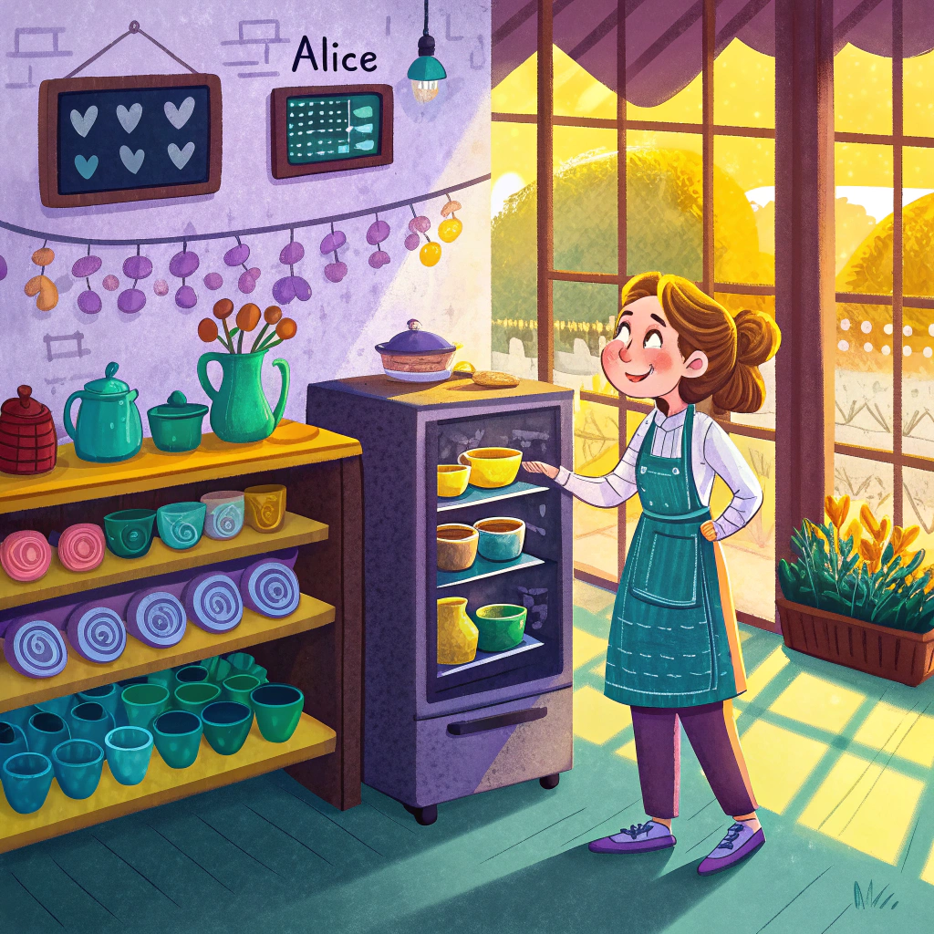 Illustration of a woman in a pottery shop arranging colorful ceramic cups and bowls