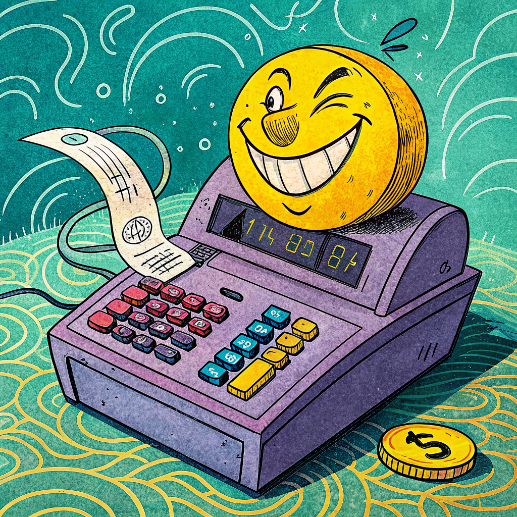 Illustration of a smiling coin using a calculator, symbolizing financial management and asset depreciation