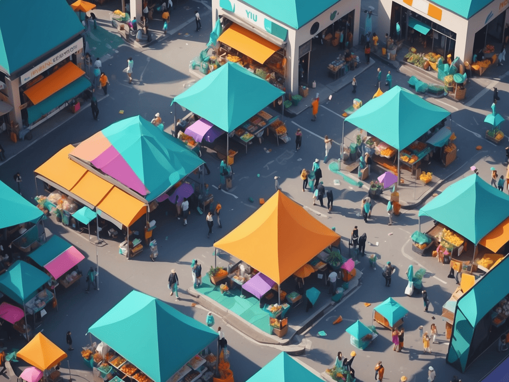 Stylized low-poly model of a vibrant marketplace with colorful umbrellas and busy stalls, symbolizing a liberal market economy