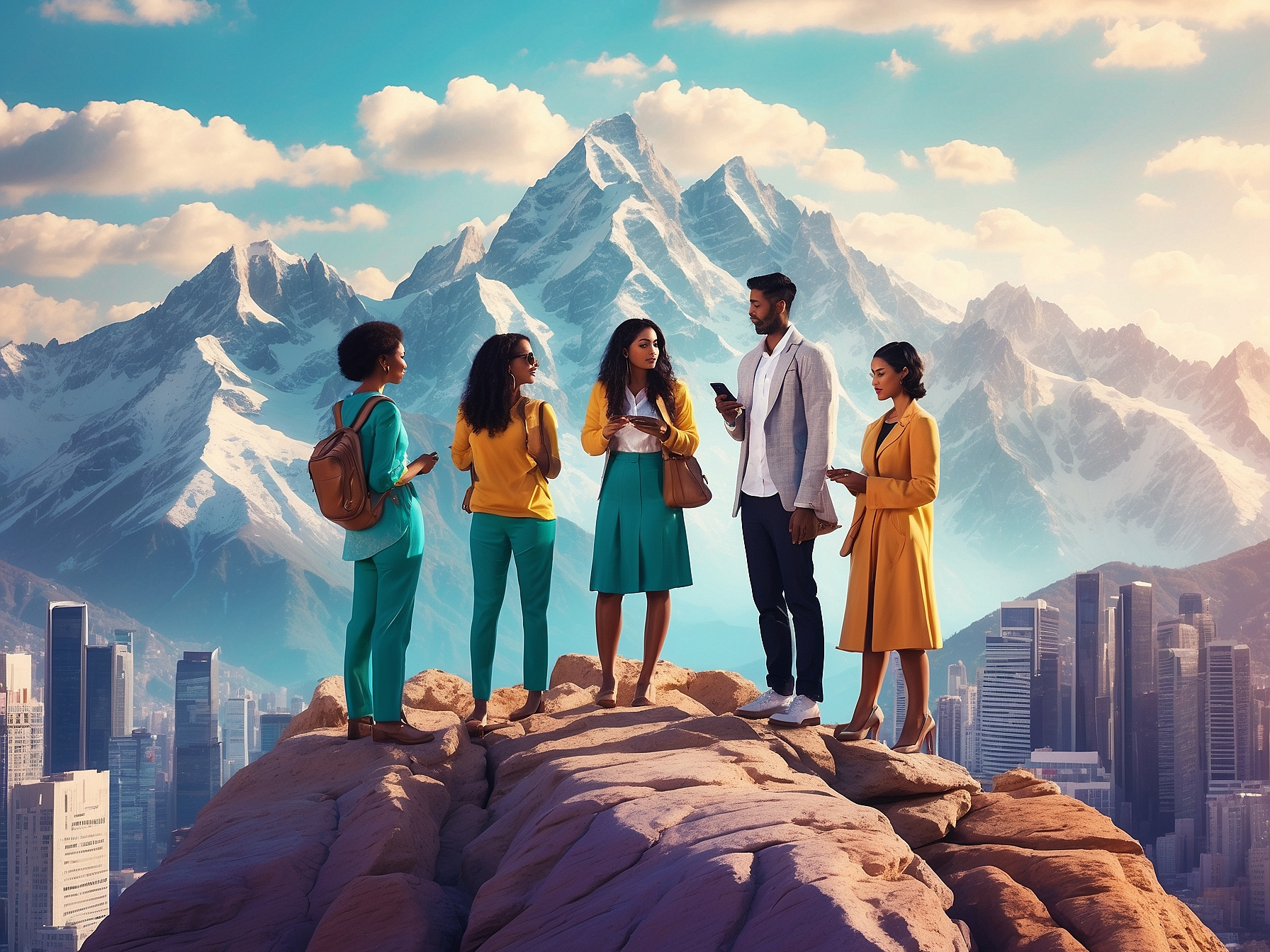 A group of diverse young professionals standing on a rocky peak, with a futuristic cityscape and majestic mountains in the background, symbolizing economic freedom and opportunity in a liberal market economy.