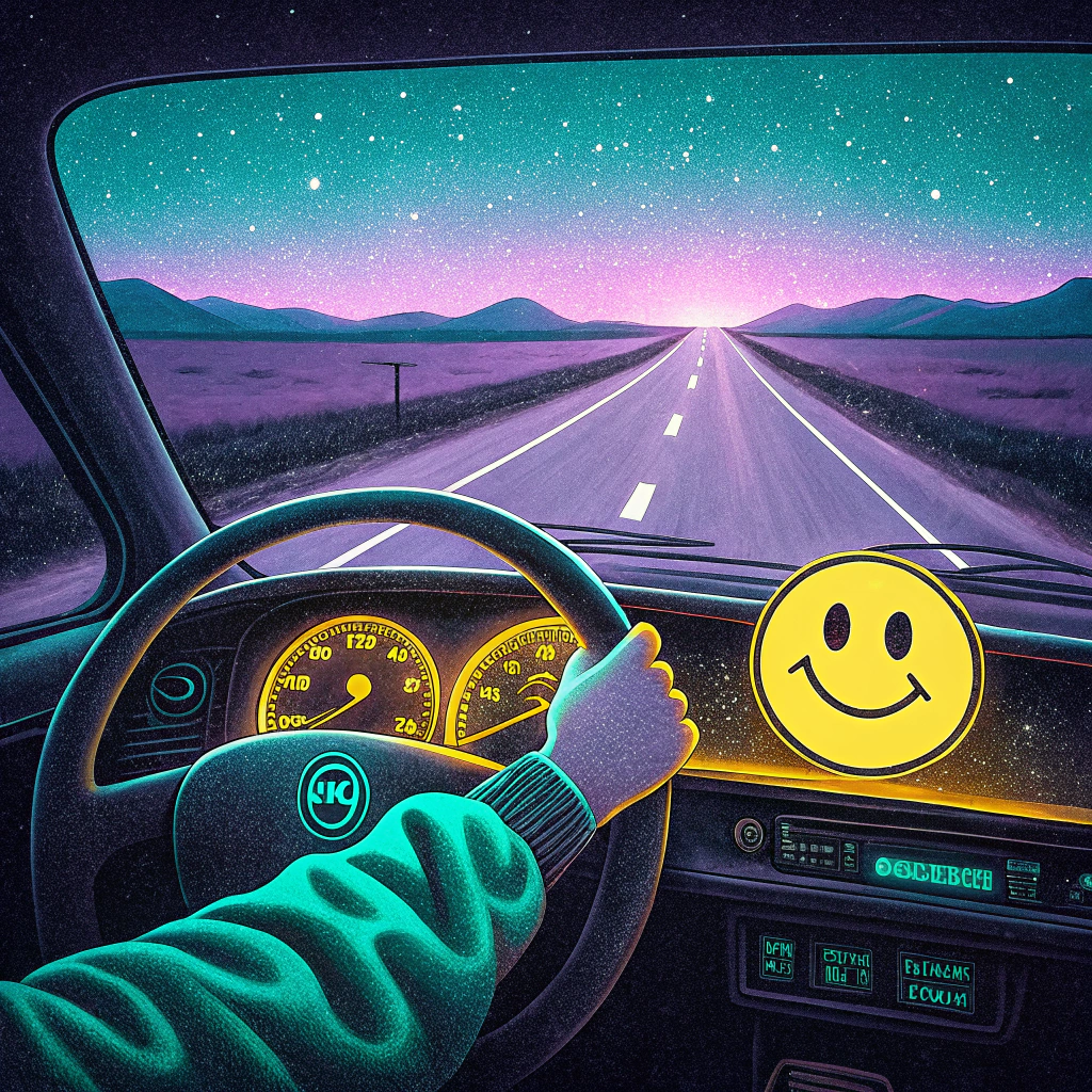 View from inside a car with a glowing dashboard at night, showing an empty road ahead under a starry sky, adorned with a hanging smiley face air freshener