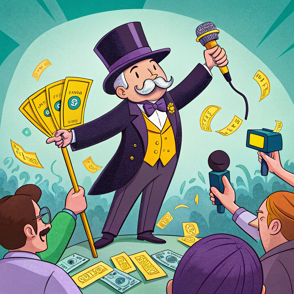 Cartoon of a charismatic man in a top hat displaying oversized money bills, surrounded by reporters under a spotlight