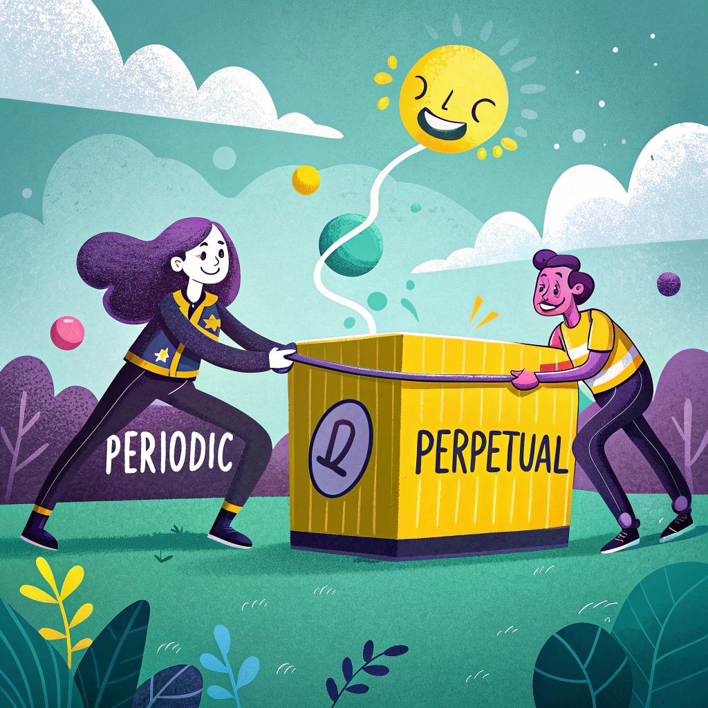 Illustration of two people engaging in a playful tug of war with a large box labeled 'PERPETUAL' on one side and 'PERIODIC' on the other under a smiling sun