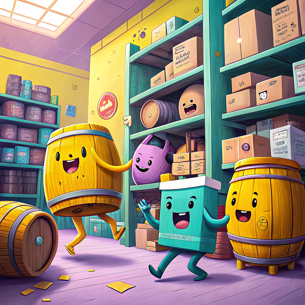 Animated characters as inventory items in a warehouse coming alive, depicting the concept of inventory management and adjustments