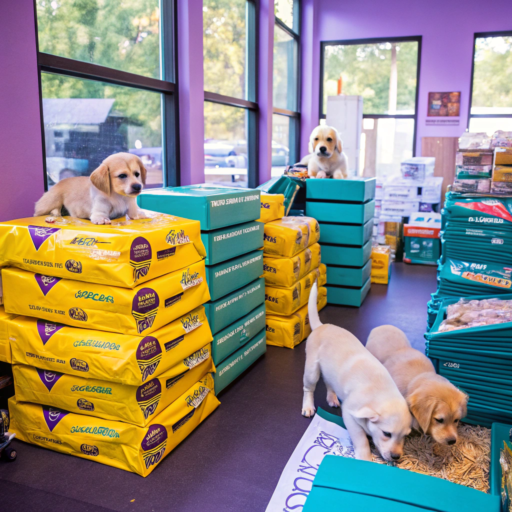 Puppies surrounded by stacks of dog food bags in a colorful warehouse setting