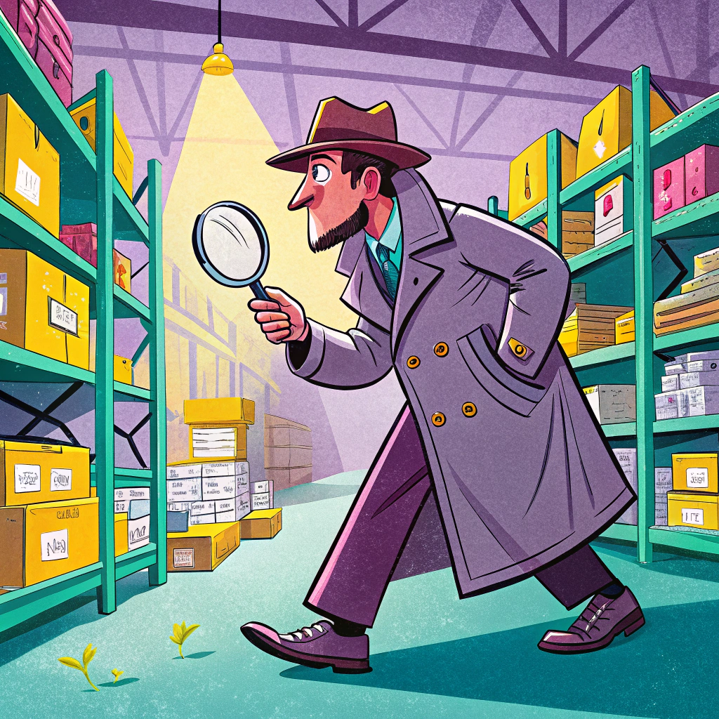 Detective inspecting inventory in a warehouse with a magnifying glass