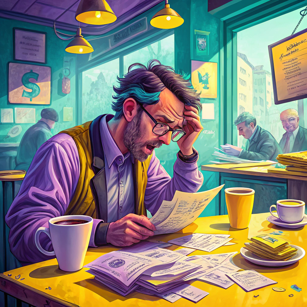 Businessman analyzing financial documents surrounded by piles of paperwork and coffee mugs in a busy cafe