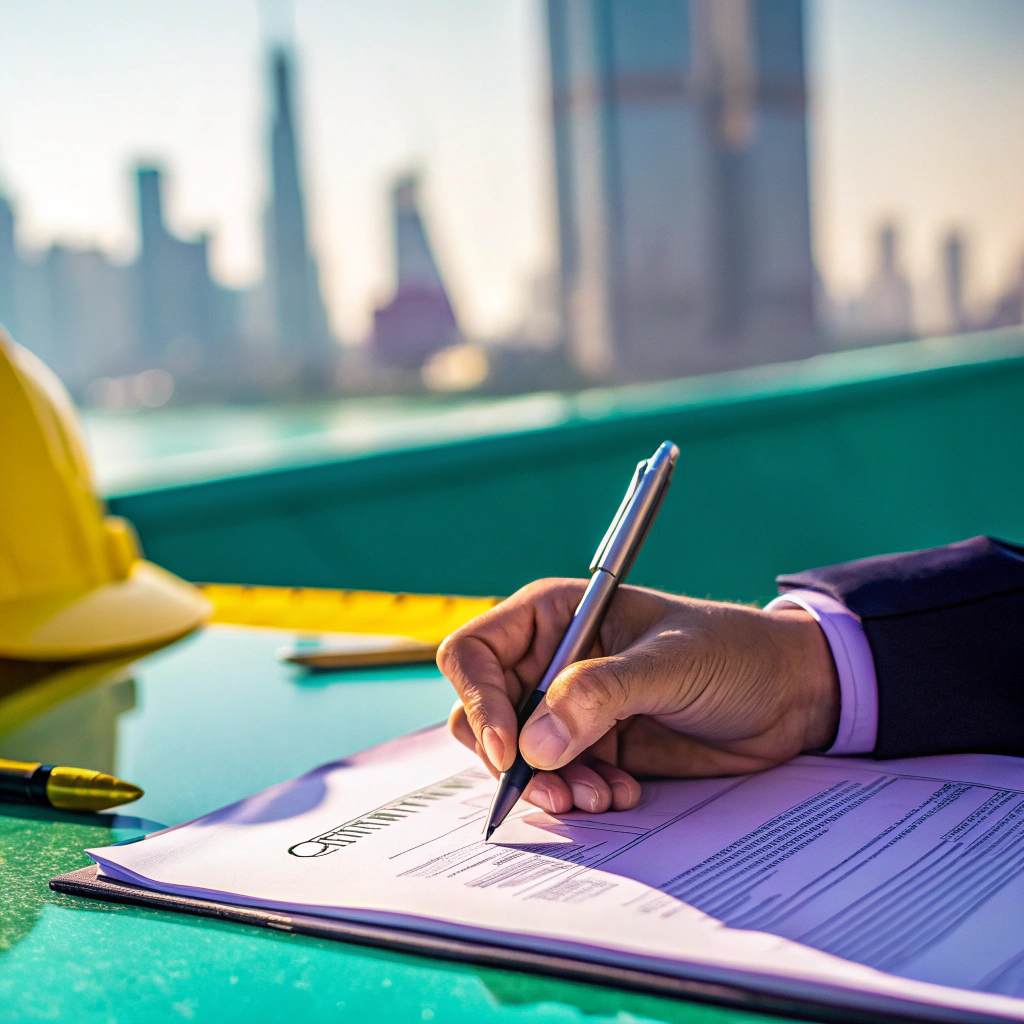 Business professional analyzing and signing documents with city skyline in the background