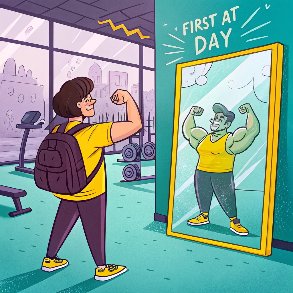 Illustration of a person celebrating the start of a new day in front of a mirror reflecting a confident and strong pose at the gym