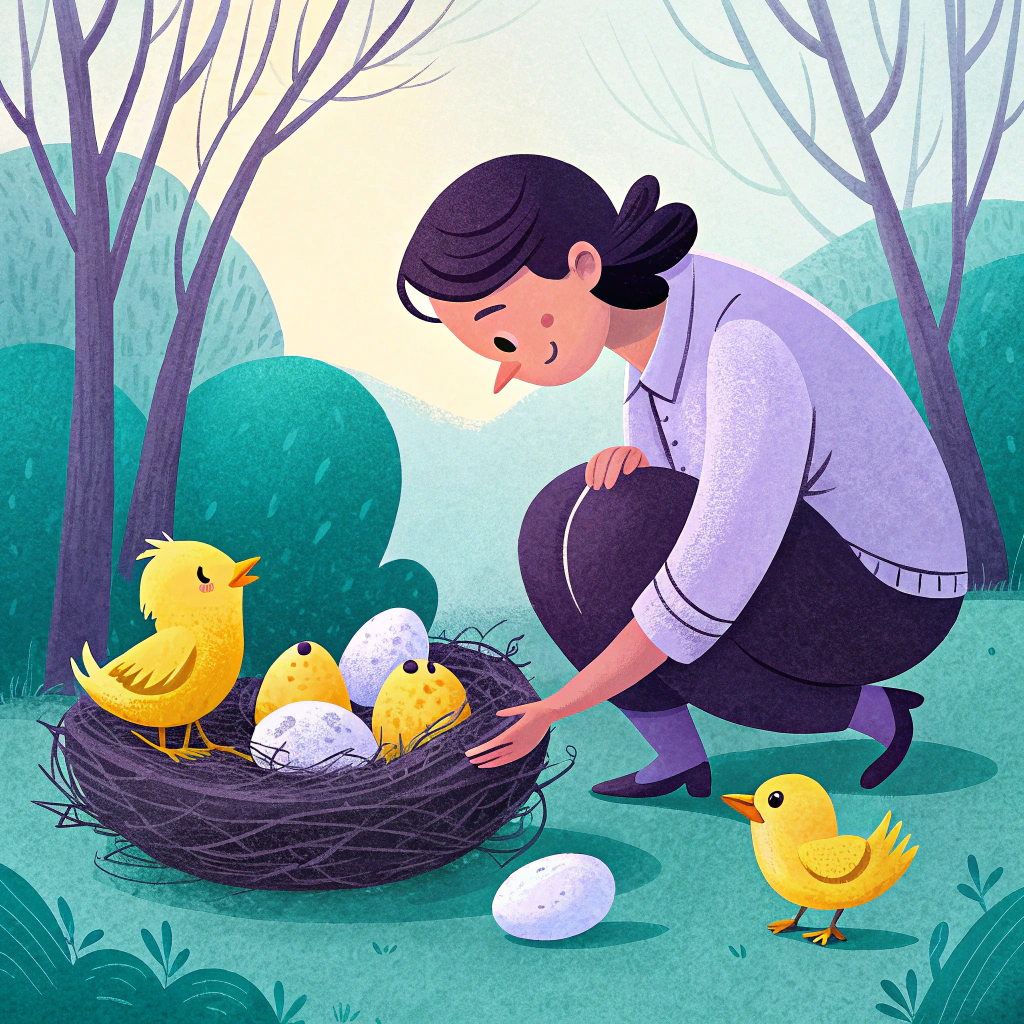 Illustration of a woman tending to a nest with chicks and eggs, symbolizing accrued revenue in business