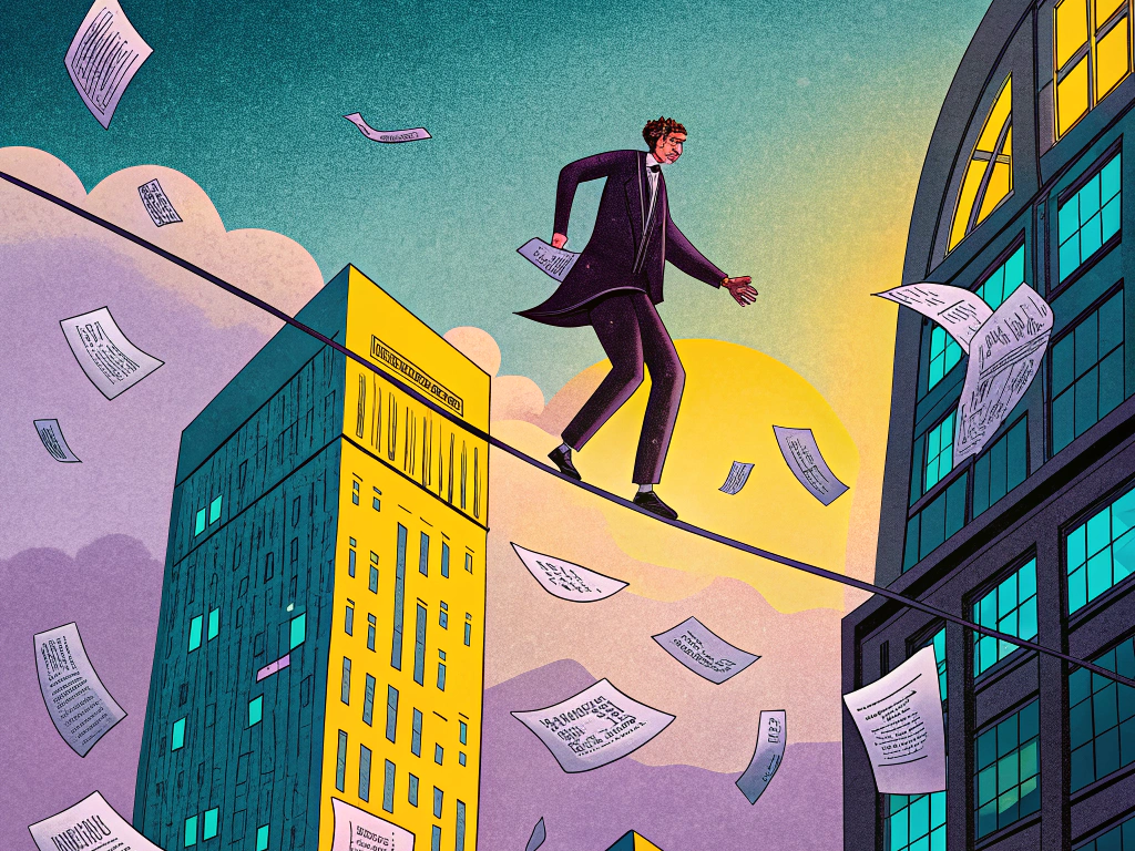 Illustration of a man balancing on a tightrope between skyscrapers, surrounded by floating accounting papers against a sunset backdrop