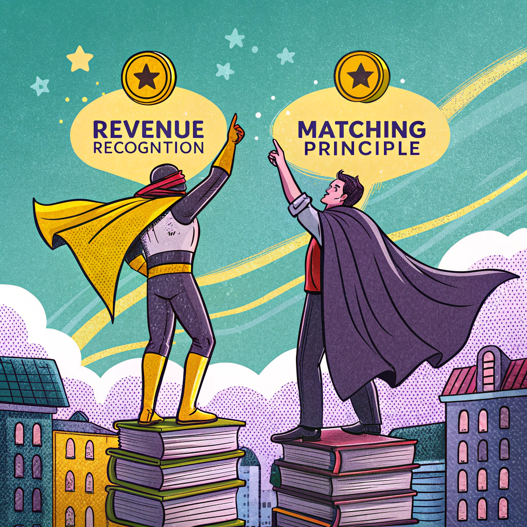 Superheroes representing revenue recognition and matching principles in accounting, standing atop book stacks in a vibrant cityscape.