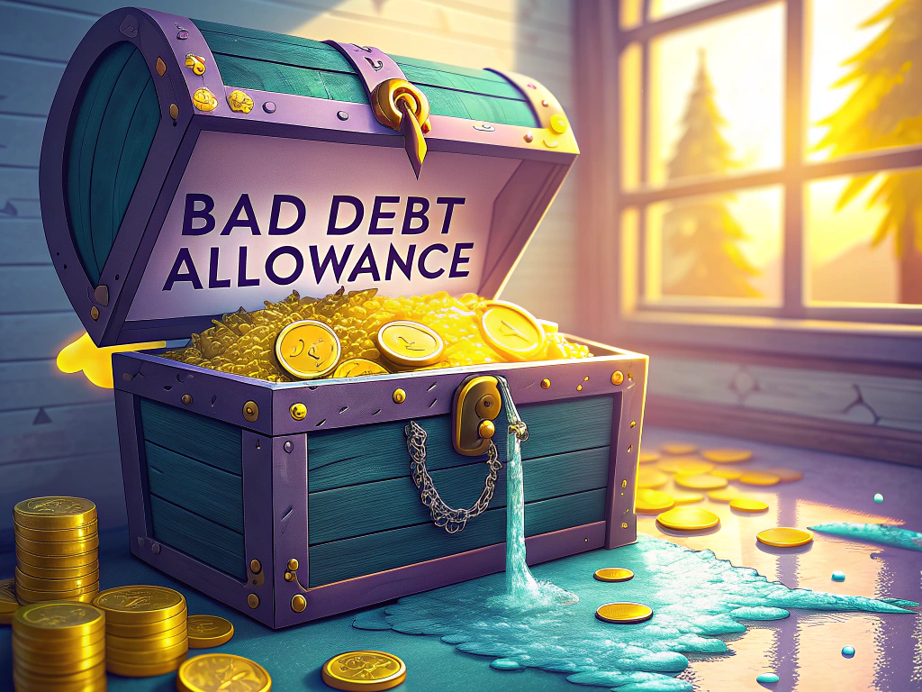 Illustrative image of a treasure chest labeled 'Bad Debt Allowance' overflowing with gold coins, symbolizing financial management in business.