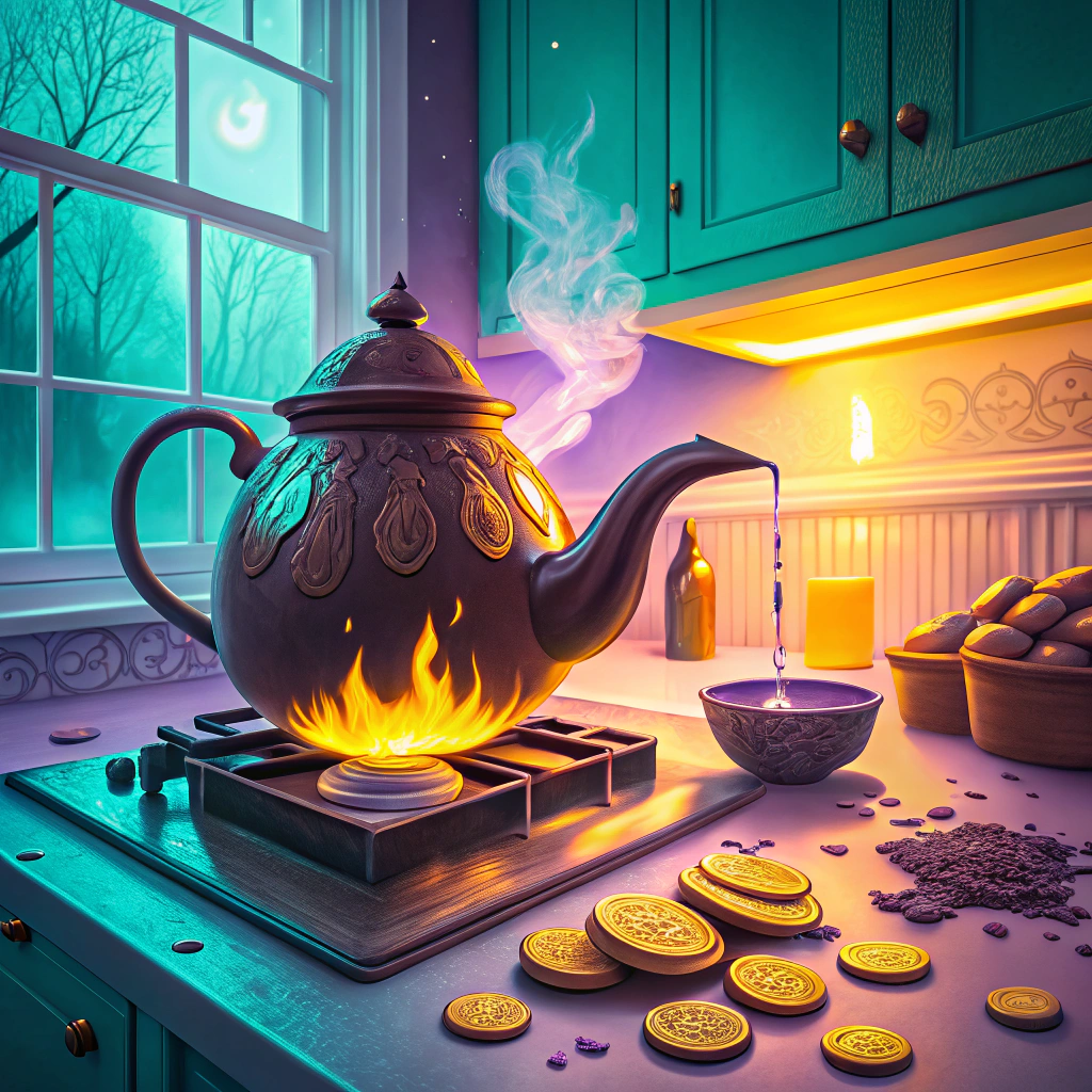 Enchanted teapot on fire with magic pouring tea into a cup in a mystical kitchen