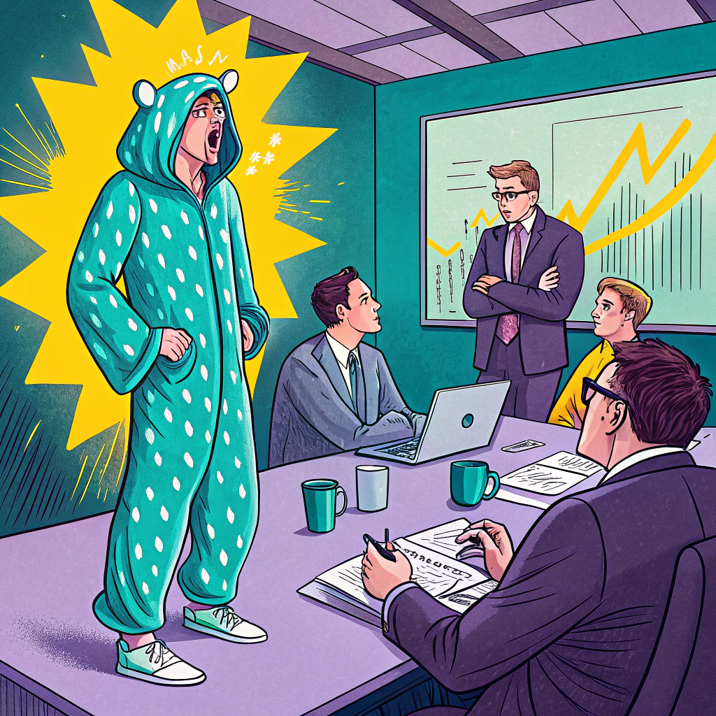 Illustration of a person in a dinosaur onesie at a business meeting, symbolizing unconventional approaches in professional settings