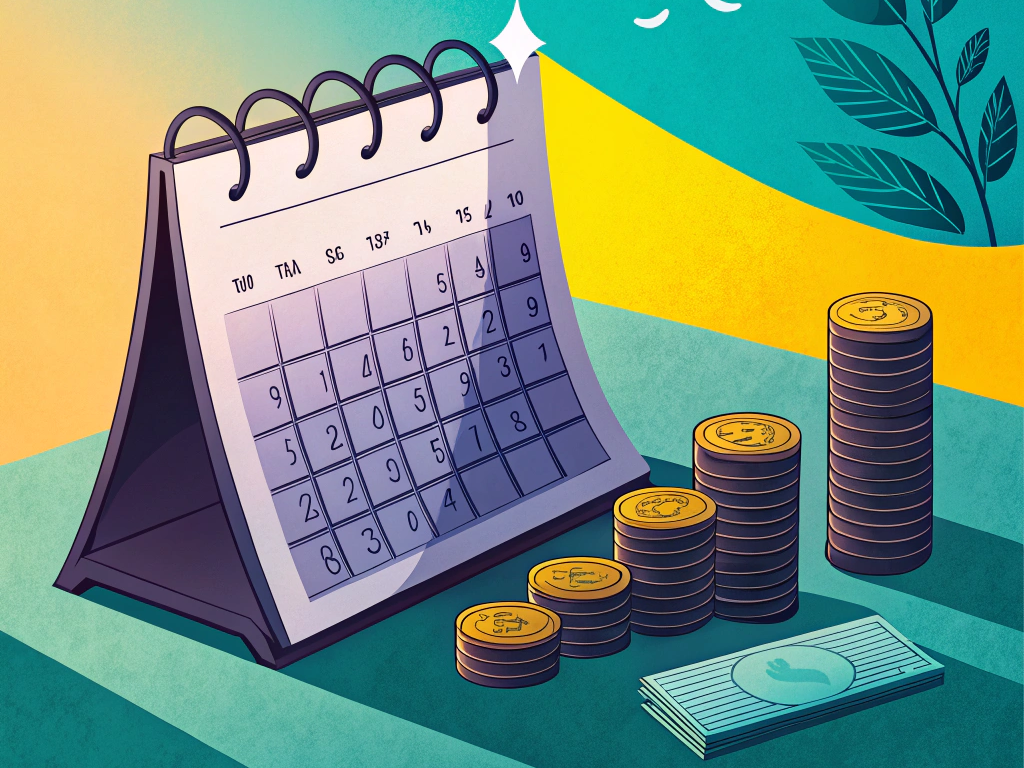 Illustration of a calendar with highlighted days and stacks of coins, representing accrued salaries over time