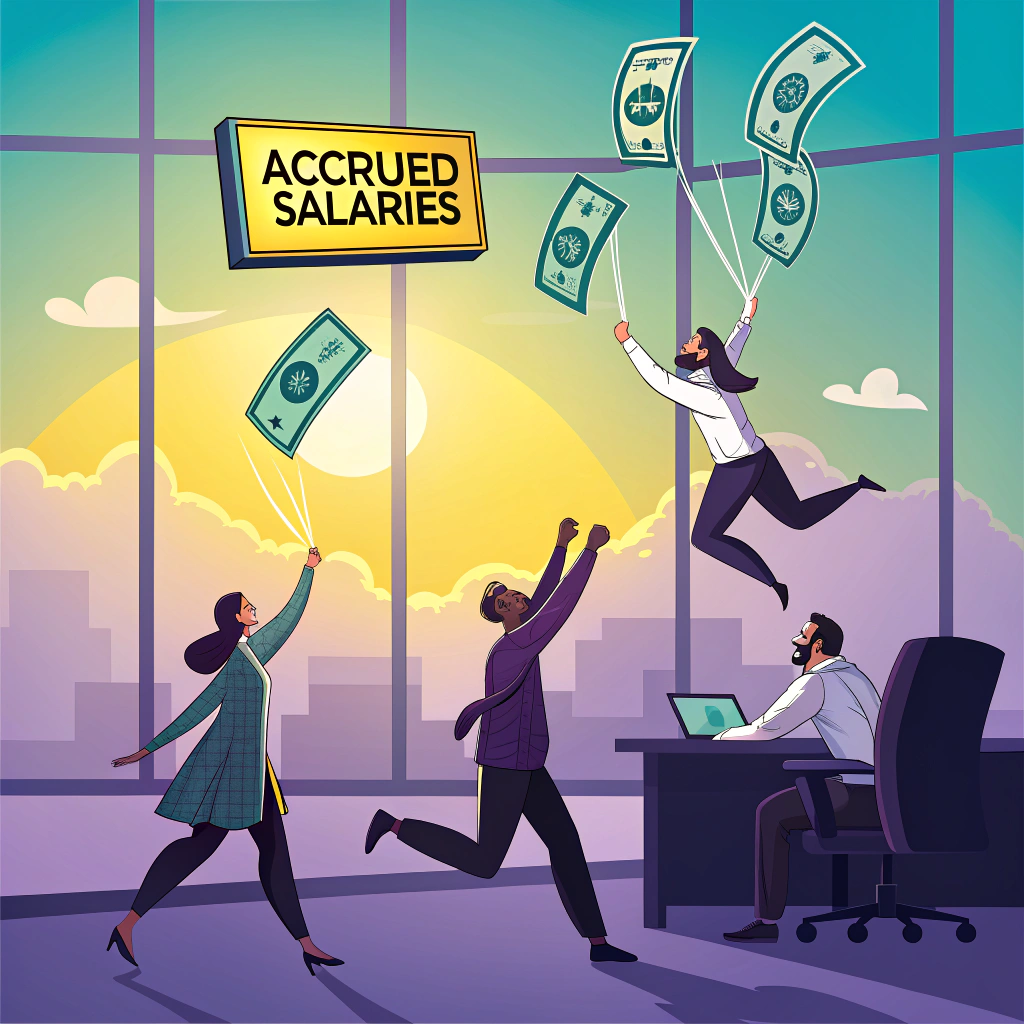 Illustration of employees chasing floating dollar bills labeled as accrued salaries in an office setting