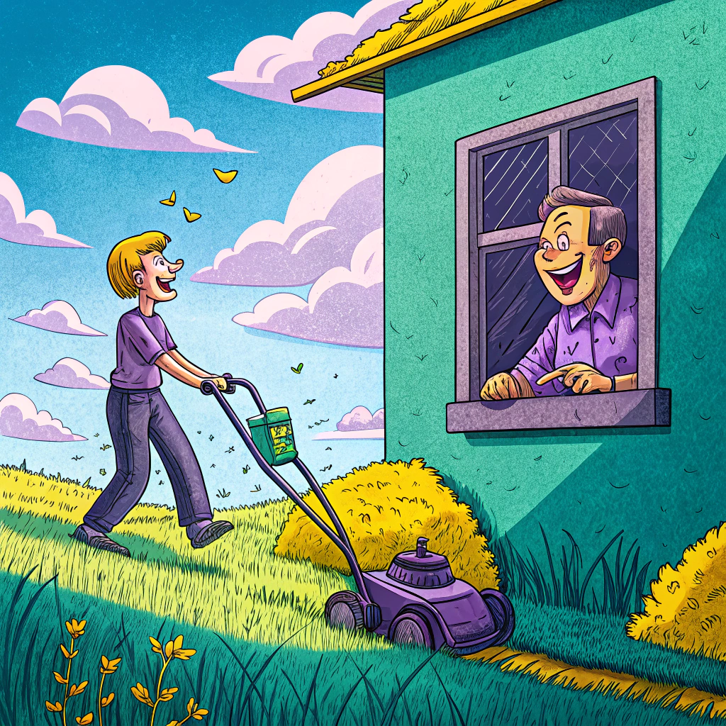 A cartoon illustration of a woman mowing the lawn while a man watches from a window, smiling