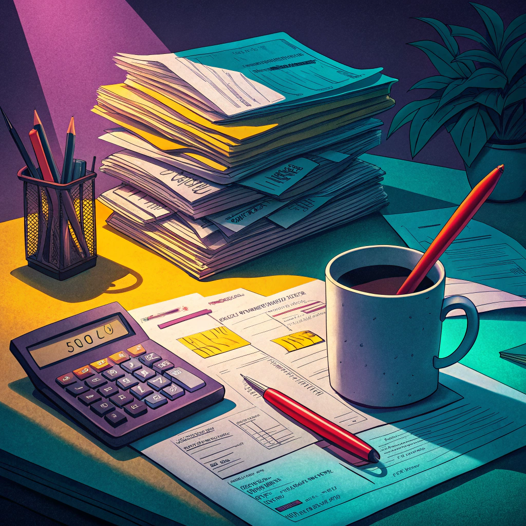 A detailed illustration of a busy accounting workspace with stacks of financial documents, a calculator, and a coffee cup