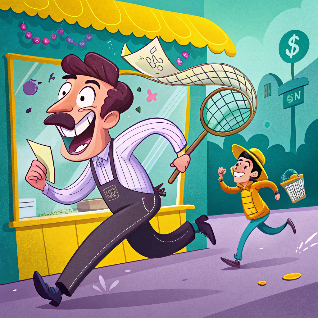 Cartoon of a joyful businessman using a net to catch a flying invoice as a child with a basket runs alongside under a money symbol sign.