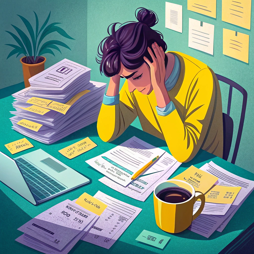 Illustration of a woman feeling overwhelmed with accounting paperwork at her desk