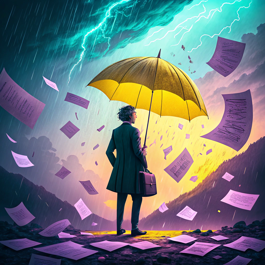 Businessman with an umbrella standing amidst a storm of financial documents, with lightning in the background