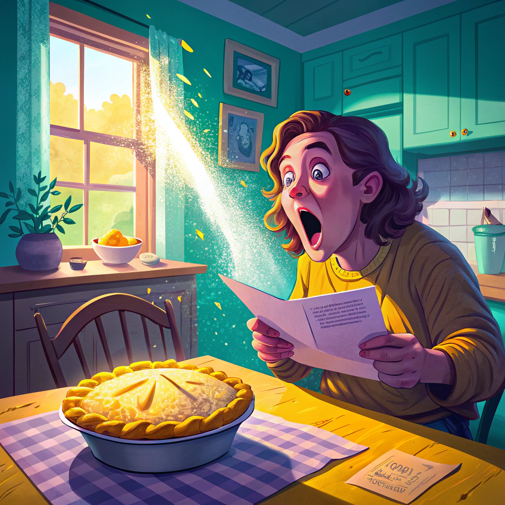 Illustration of a surprised young woman in a kitchen reading a letter with a pie on the table, experiencing a magical burst of light and sparkles