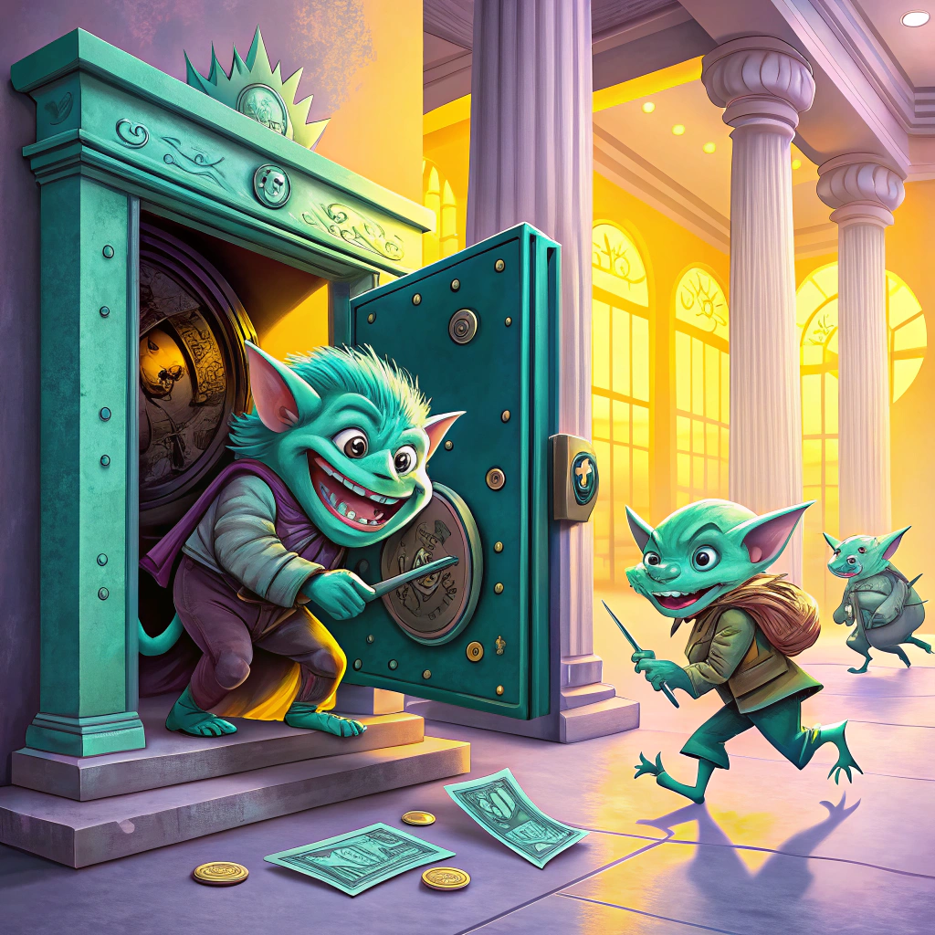 Animated goblins emerging from a bank vault, some carrying money and checks, symbolizing bank service charges