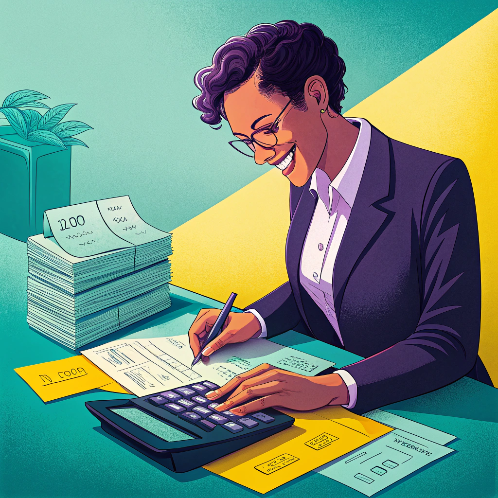 Illustration of a businesswoman calculating bank service charges at her desk with documents and a calculator