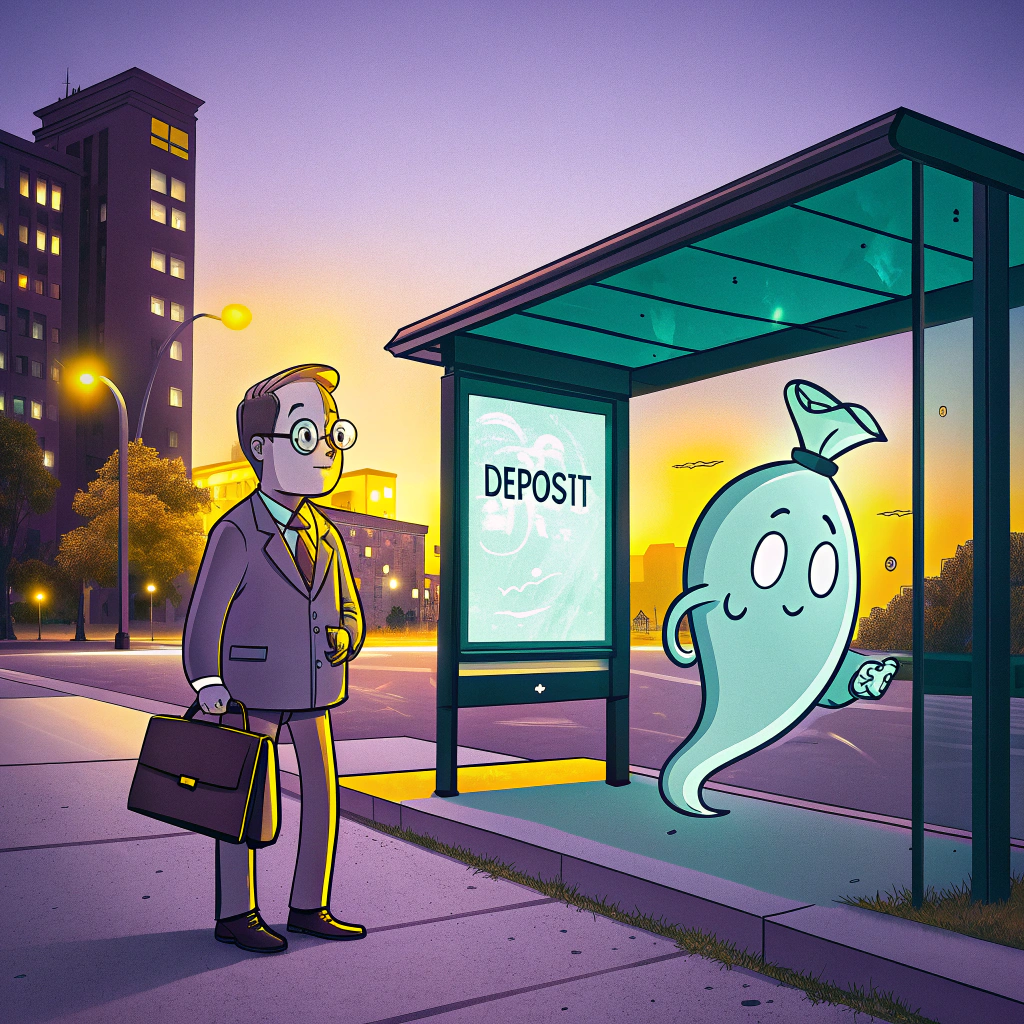 Cartoon of a businessman at a bus stop with a friendly ghost representing a deposit next to an advertisement for deposits